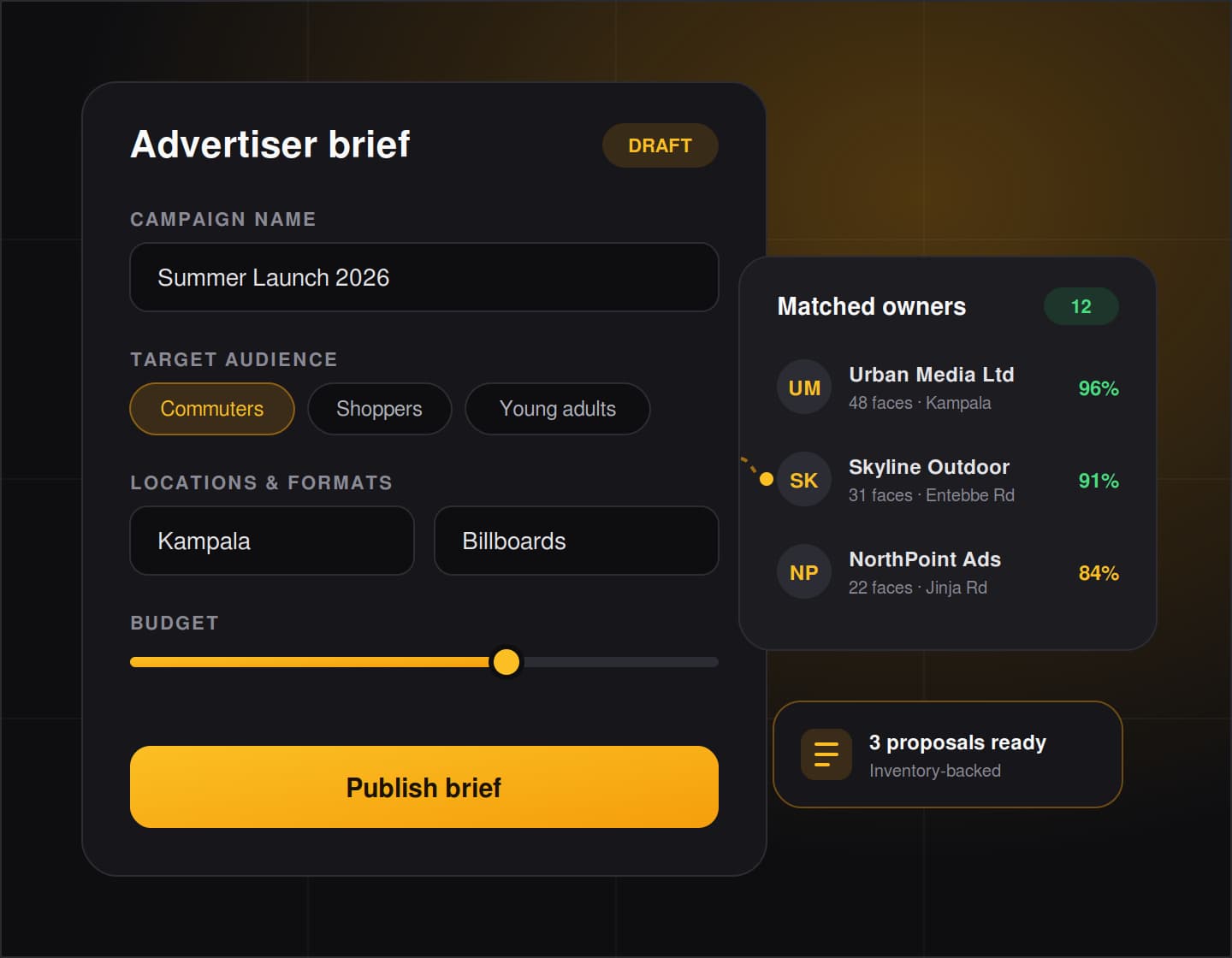 Advertiser brief form with matched media owners